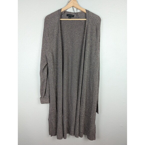 Ann Taylor Sweater Womens Large Gray Metallic Open Front Long Cardigan Pockets - Picture 1 of 9